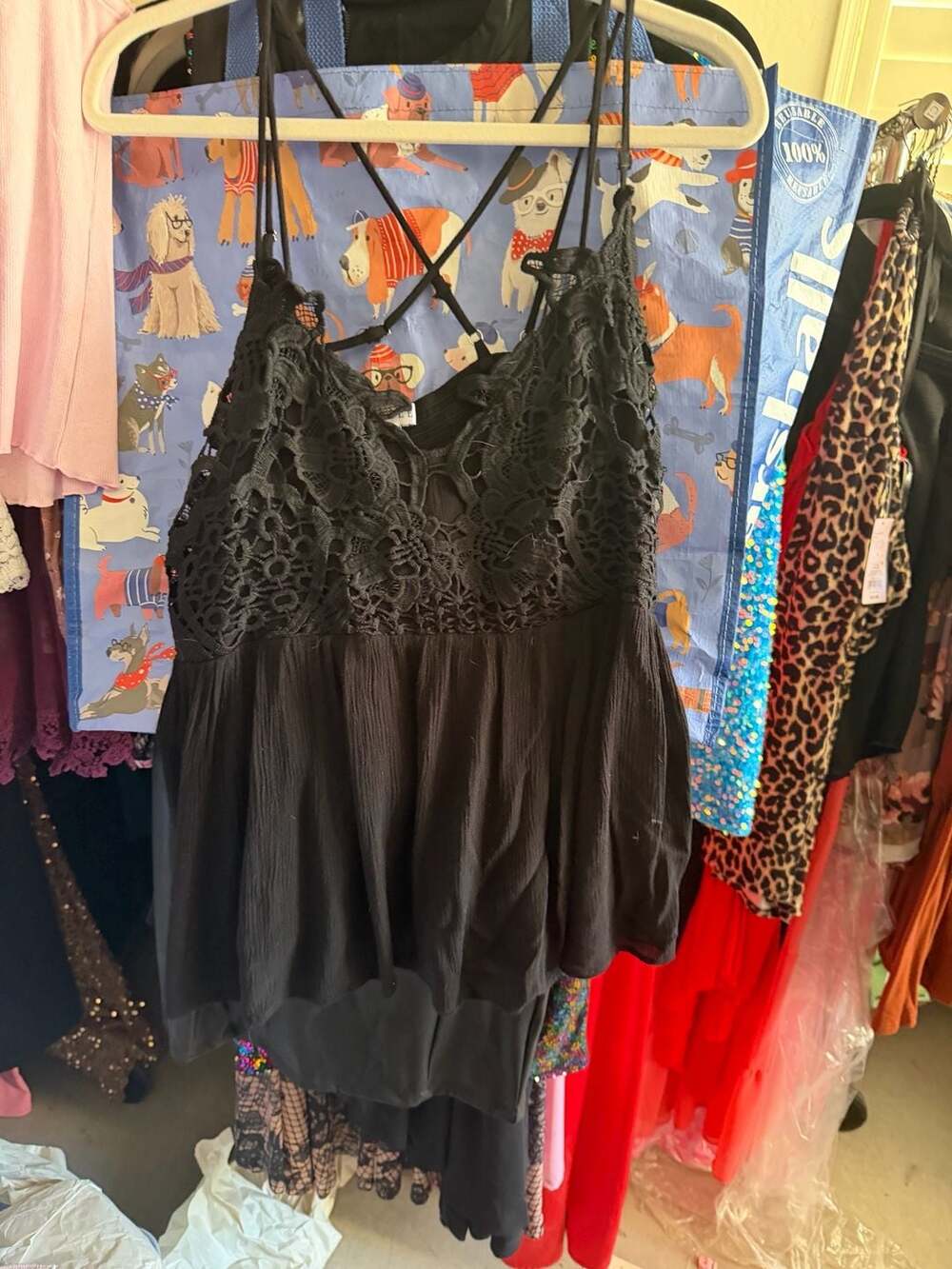 Lakele Black Crochet Lace Trim Cami Top with Strappy Back